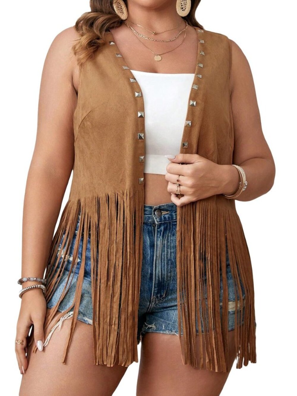 Women's Plus Size Fringe Trim Studded Detail Open Front V Neck Suede Boho Vest
